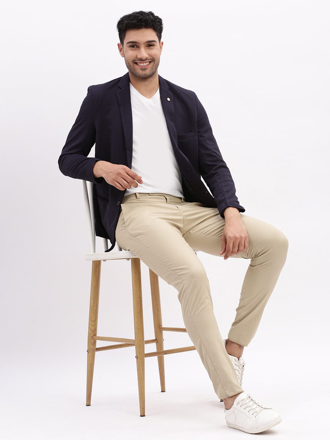 Men's Navy Blue Slim-Fit Notched Lapel Collar Single Breasted Cotton Casual Blazer