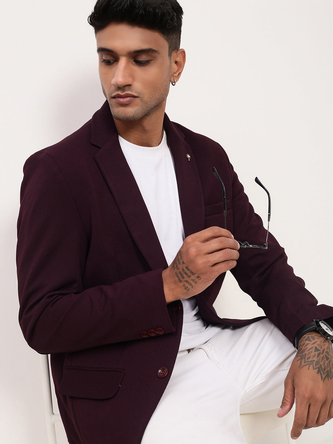 Men's Purple Solid Single Breasted Blazer