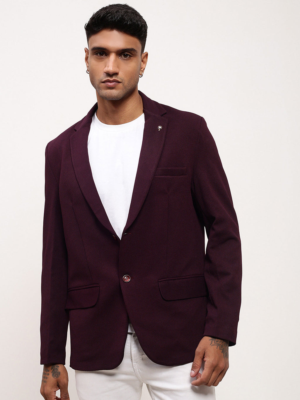 Men's Purple Solid Single Breasted Blazer