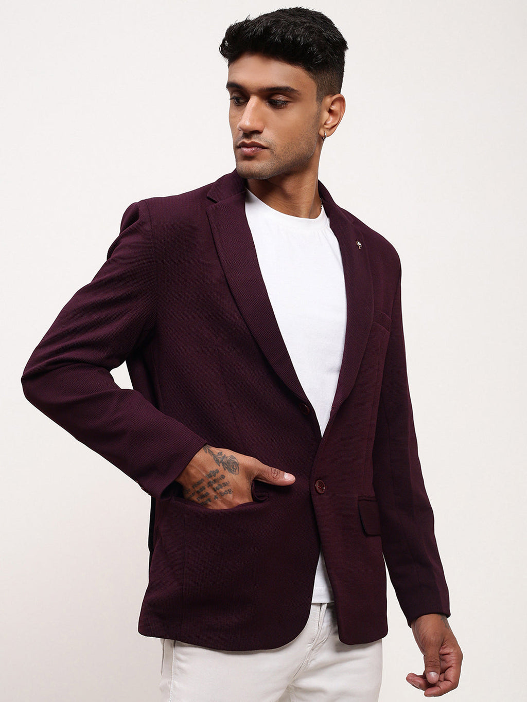 Men's Purple Solid Single Breasted Blazer