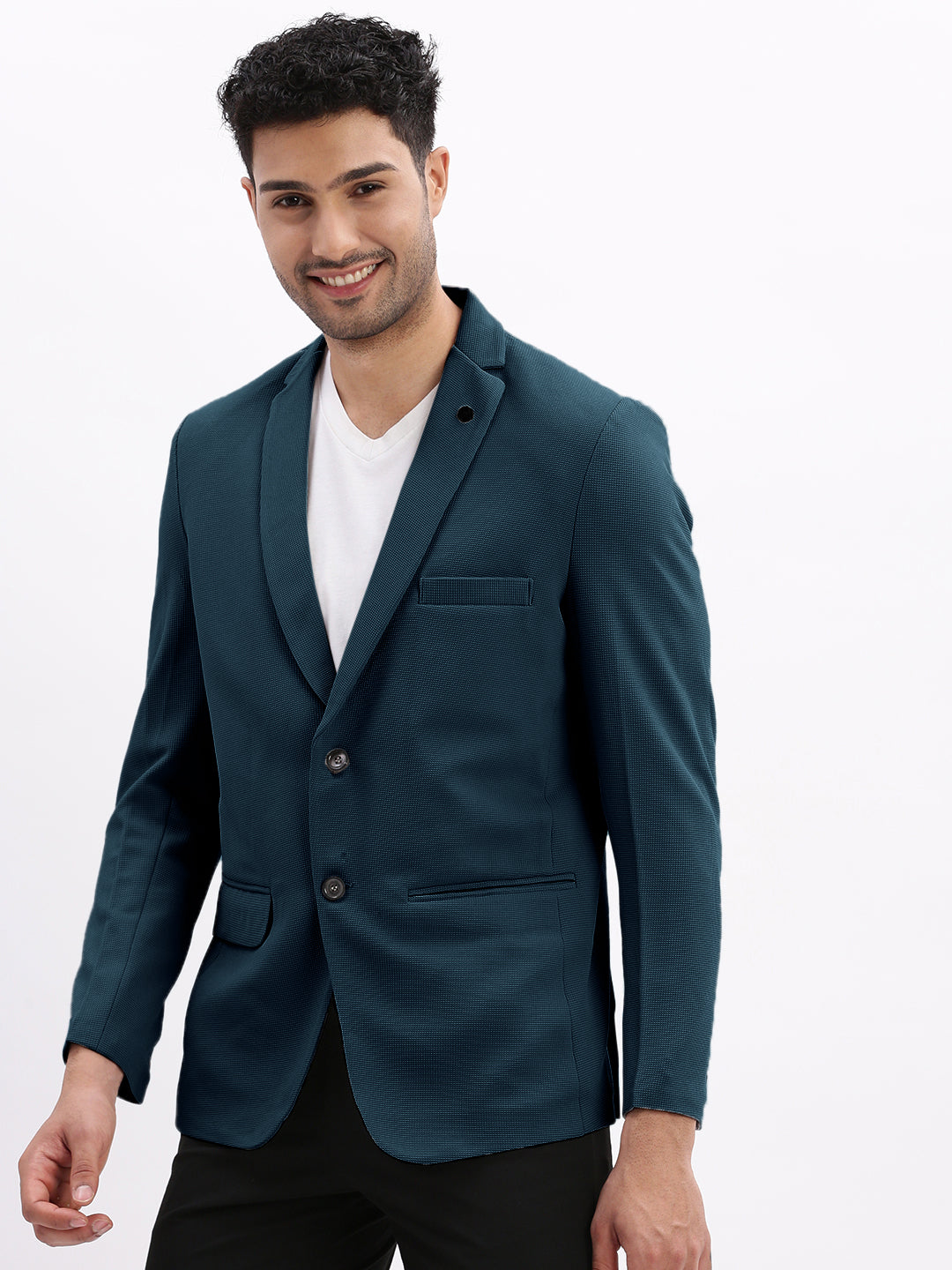 Men's Teal Solid Single Breasted Blazer