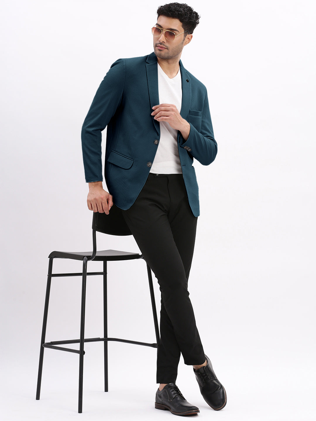 Men's Teal Solid Single Breasted Blazer