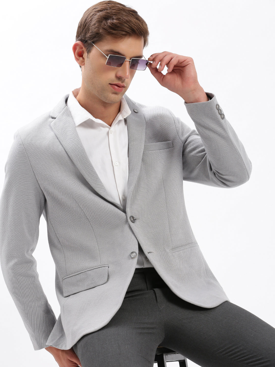 Men's Grey Slim-Fit Notched Lapel Collar Single-Breasted Casual Blazer