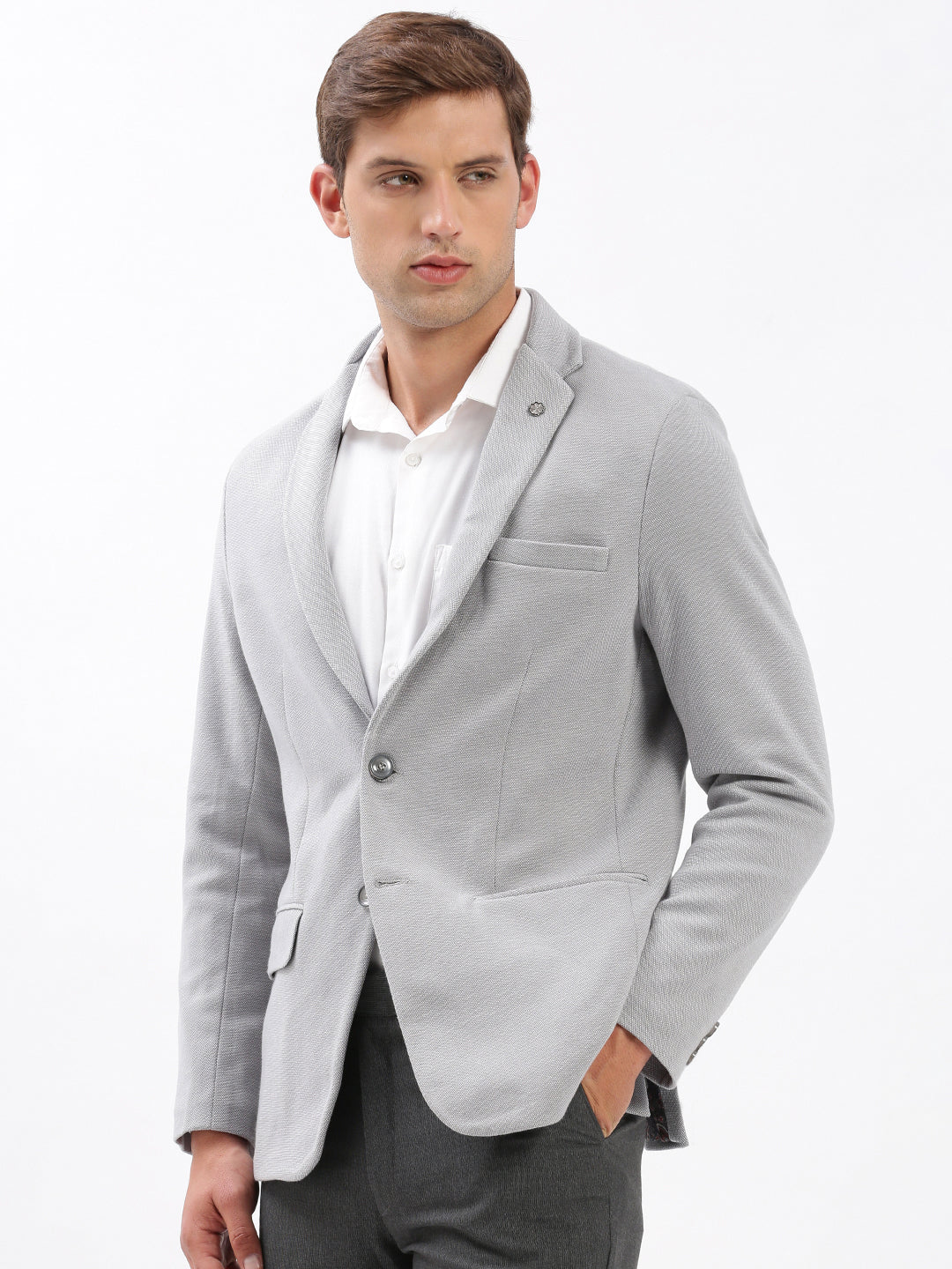 Men's Grey Slim-Fit Notched Lapel Collar Single-Breasted Casual Blazer
