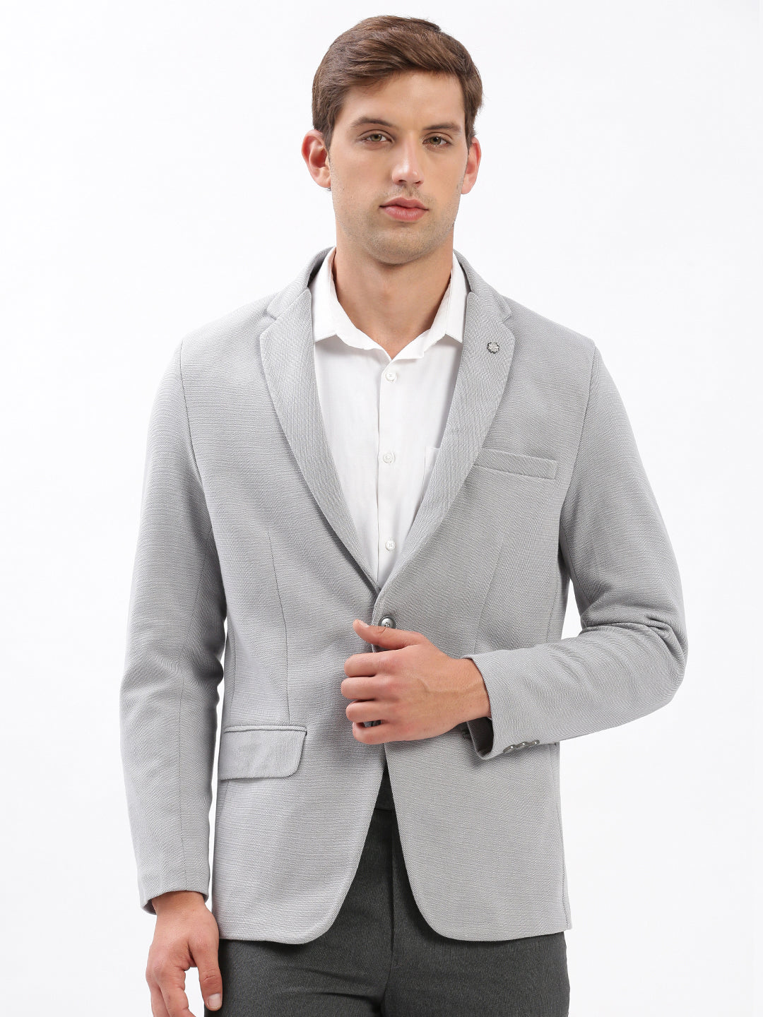 Men's Grey Slim-Fit Notched Lapel Collar Single-Breasted Casual Blazer