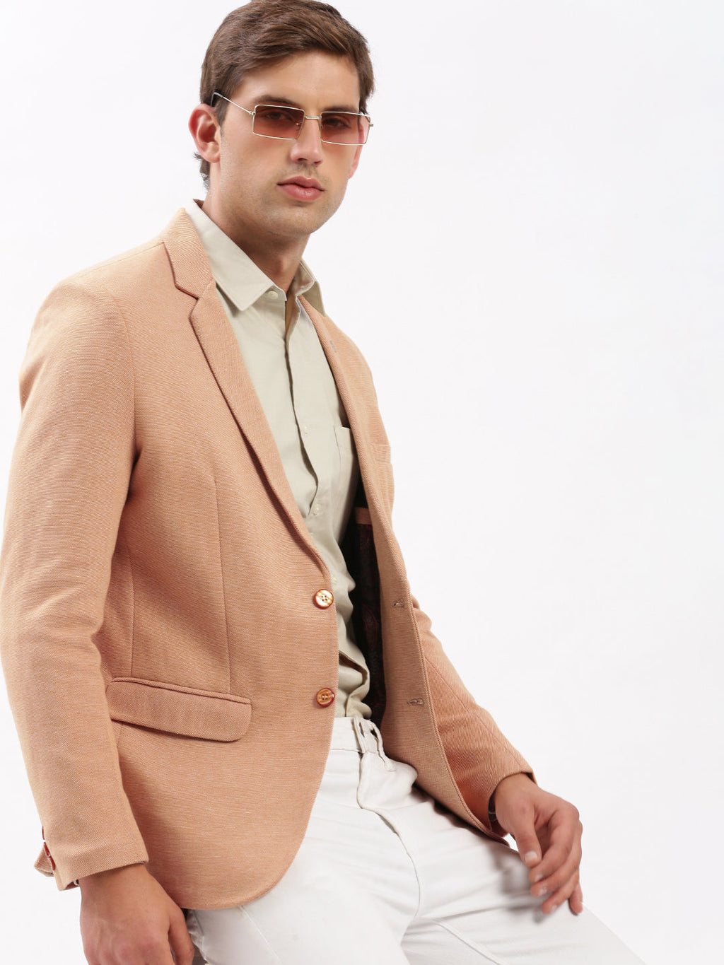 Men's Notched Lapel Solid Peach Blazer