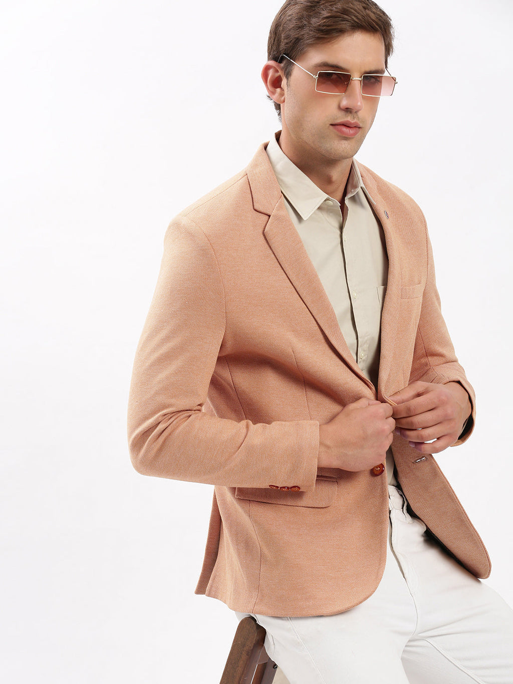 Men's Notched Lapel Solid Peach Blazer