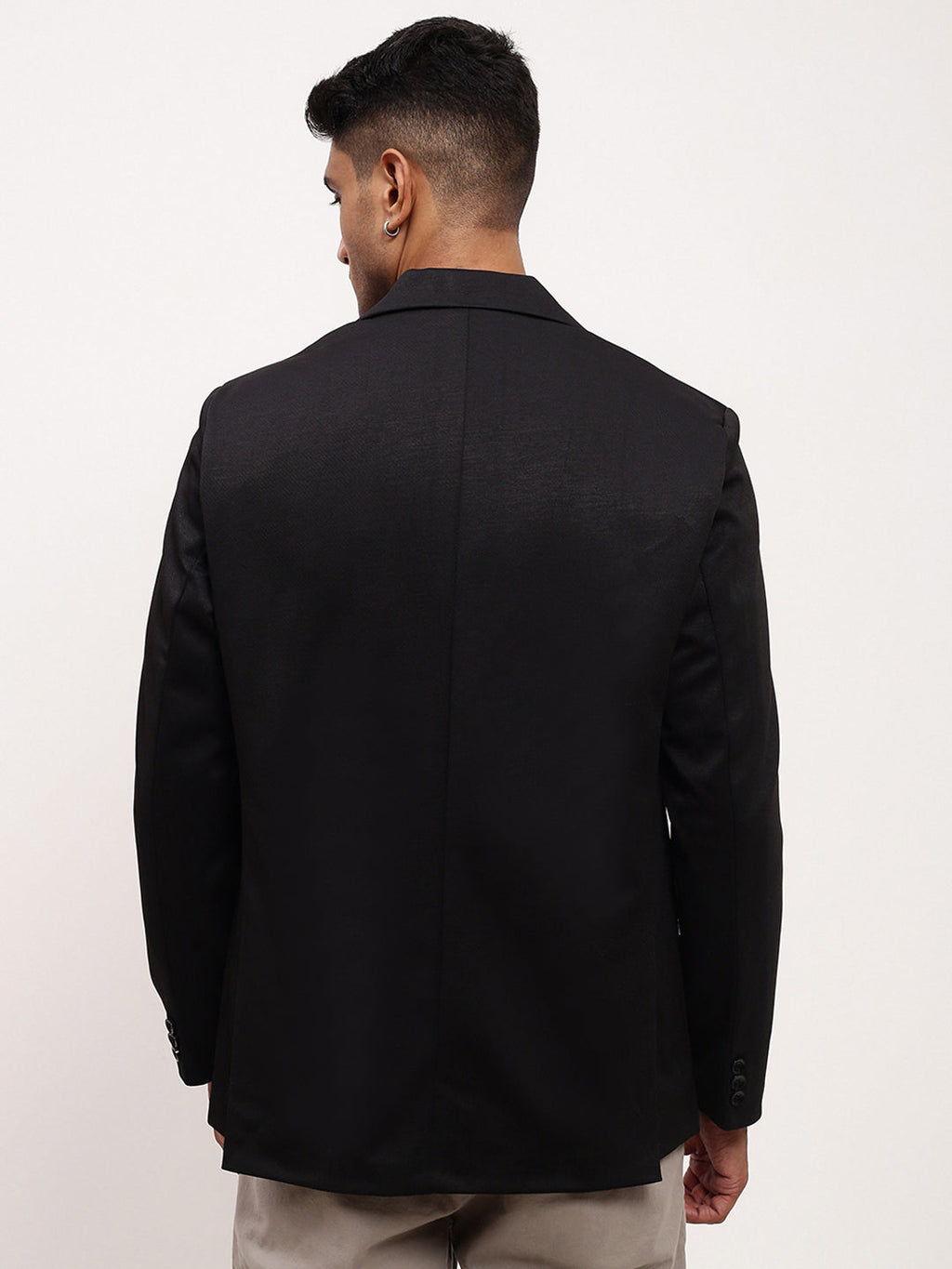 Men's Black Solid Self Design Single Breasted Blazer
