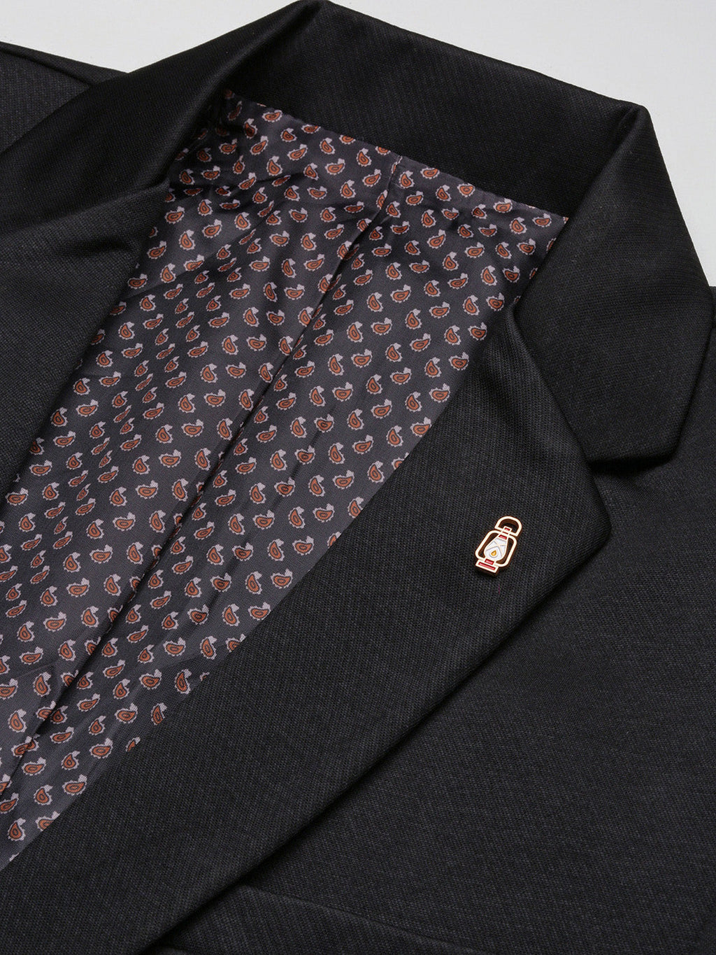 Men's Black Solid Self Design Single Breasted Blazer