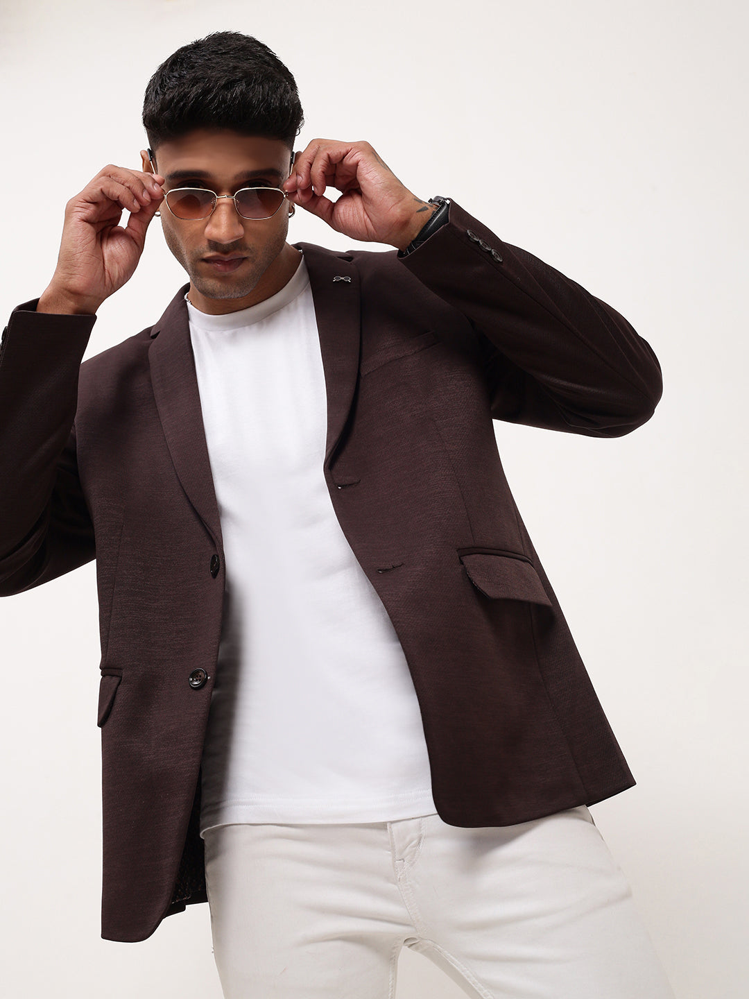 Men's Coffee Brown Solid Single Breasted Blazer