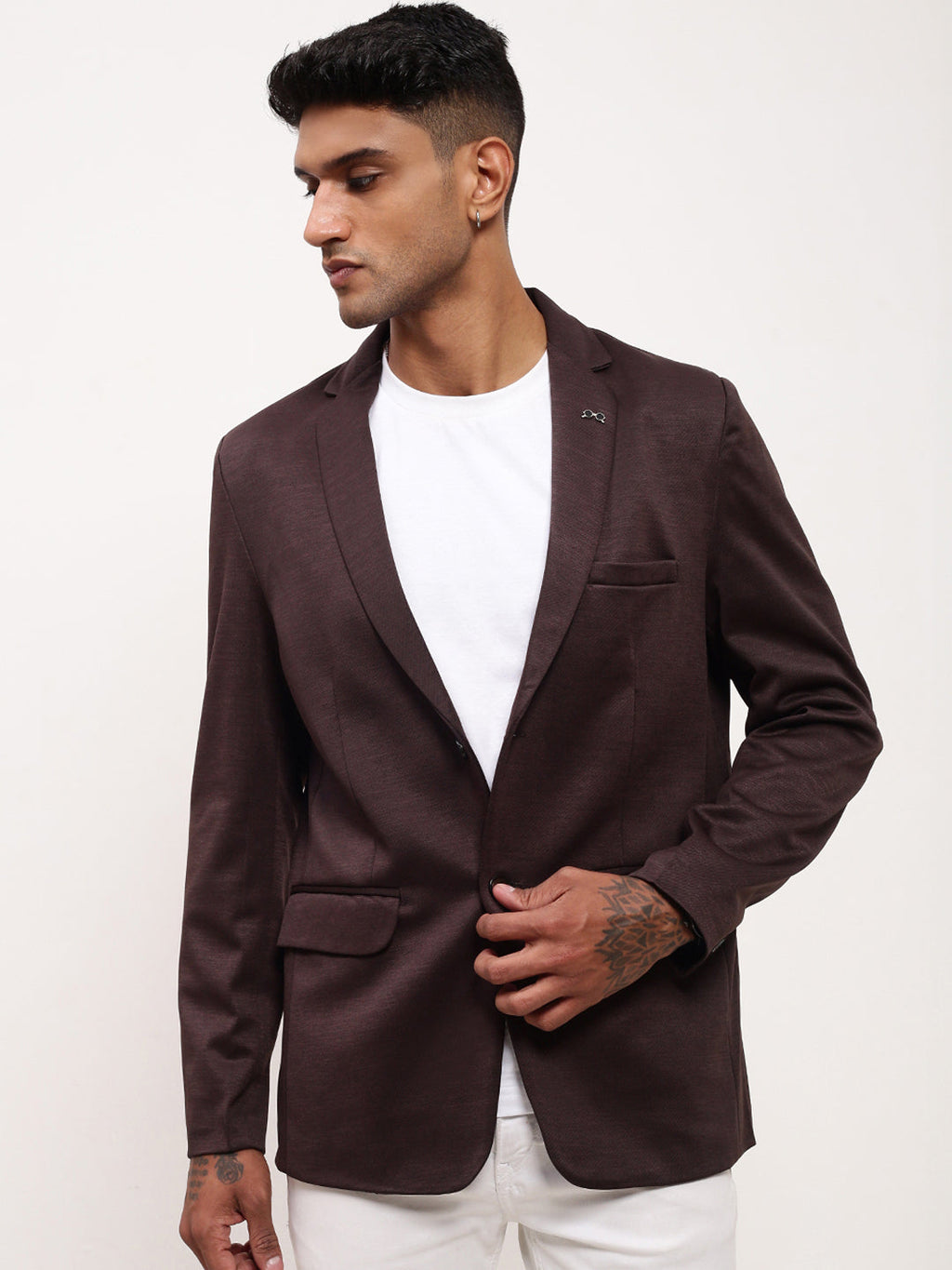 Men's Coffee Brown Solid Single Breasted Blazer