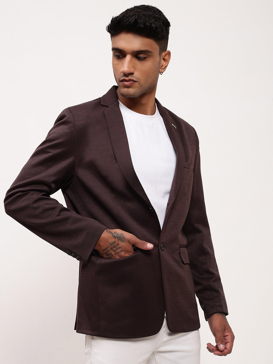 Men's Coffee Brown Solid Single Breasted Blazer