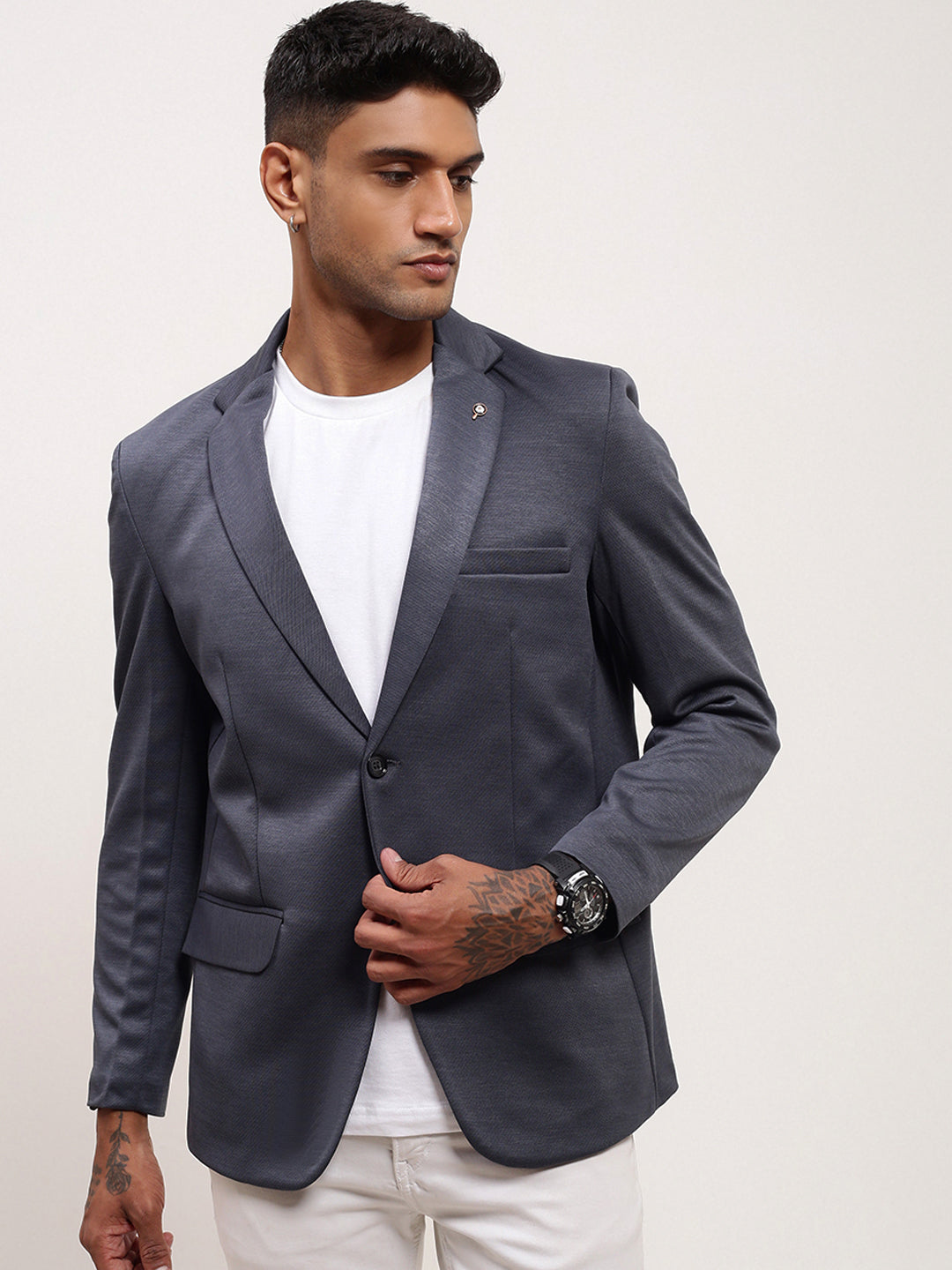 Men's Grey Single-Breasted Cotton Slim Fit Blazer