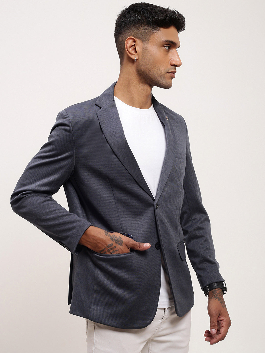 Men's Grey Single-Breasted Cotton Slim Fit Blazer