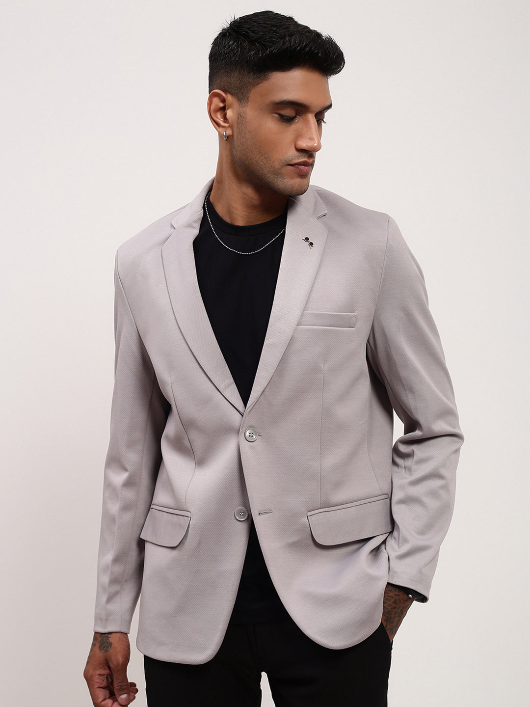 Men's Grey Self Design Single-Breasted Cotton Slim Fit Blazer