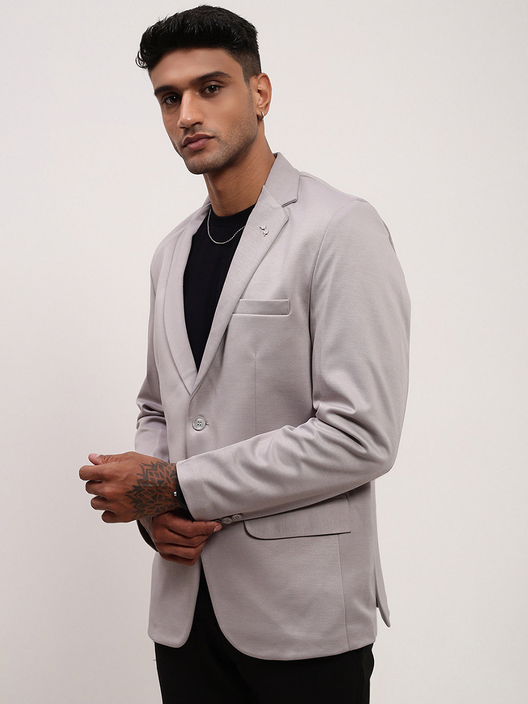 Men's Grey Self Design Single-Breasted Cotton Slim Fit Blazer