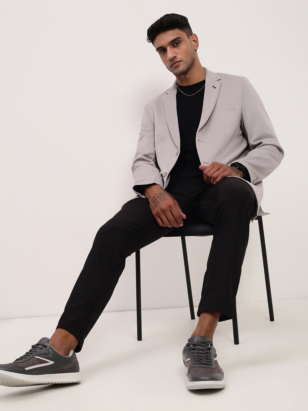 Men's Grey Self Design Single-Breasted Cotton Slim Fit Blazer