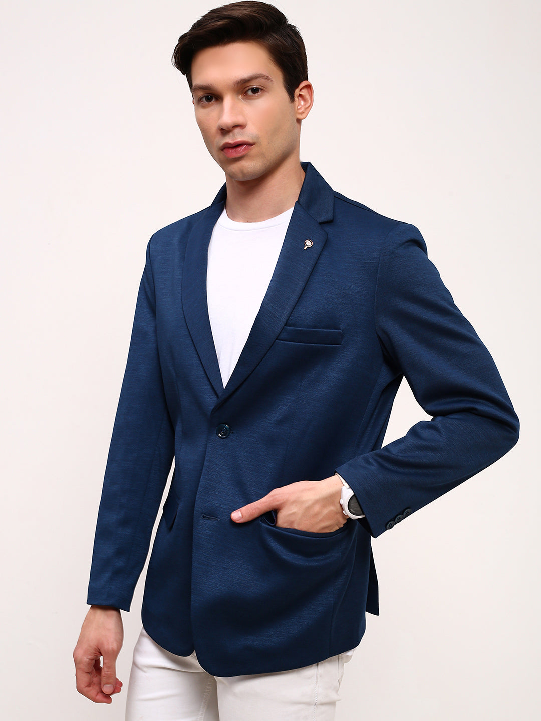 Men's Teal Slim-Fit Single-Breasted Cotton Blazer