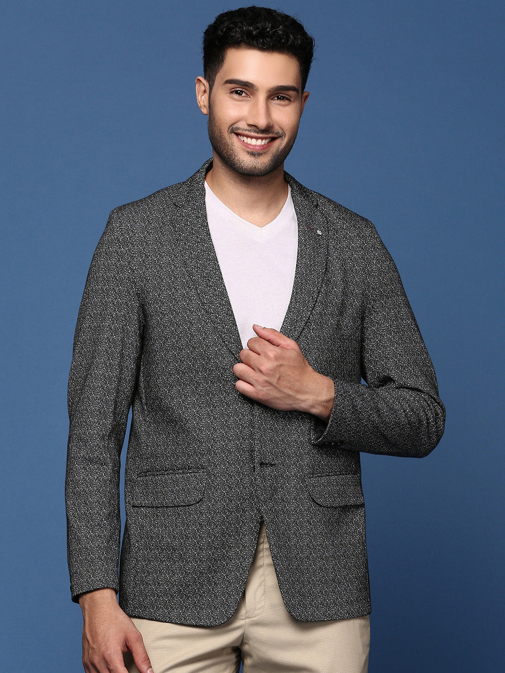 Men's Black Self Designed Slim Fit Single Breasted Blazer