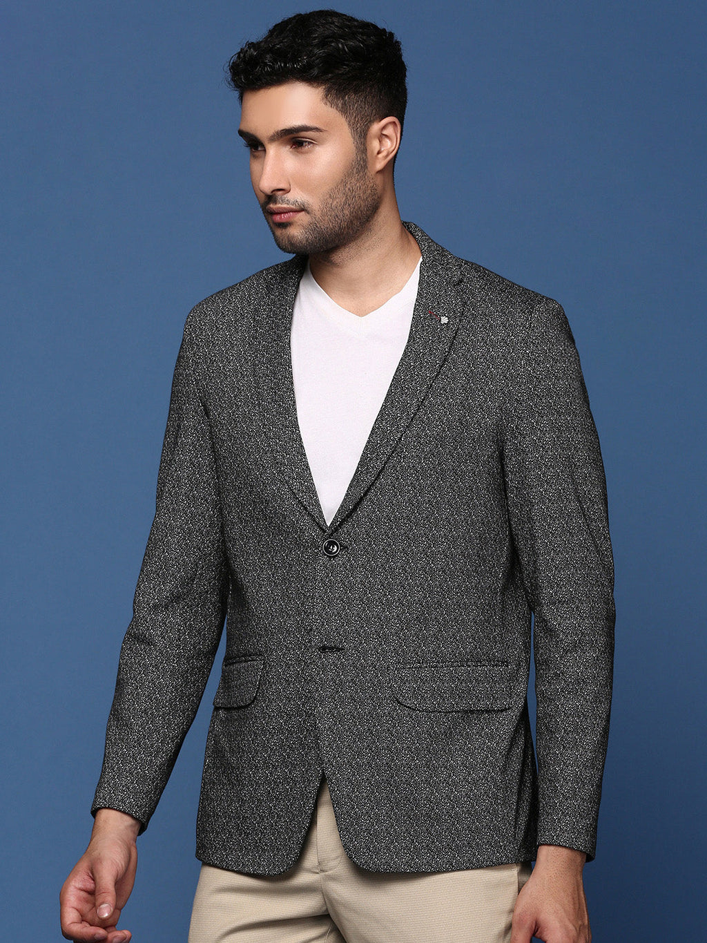 Men's Black Self Designed Slim Fit Single Breasted Blazer