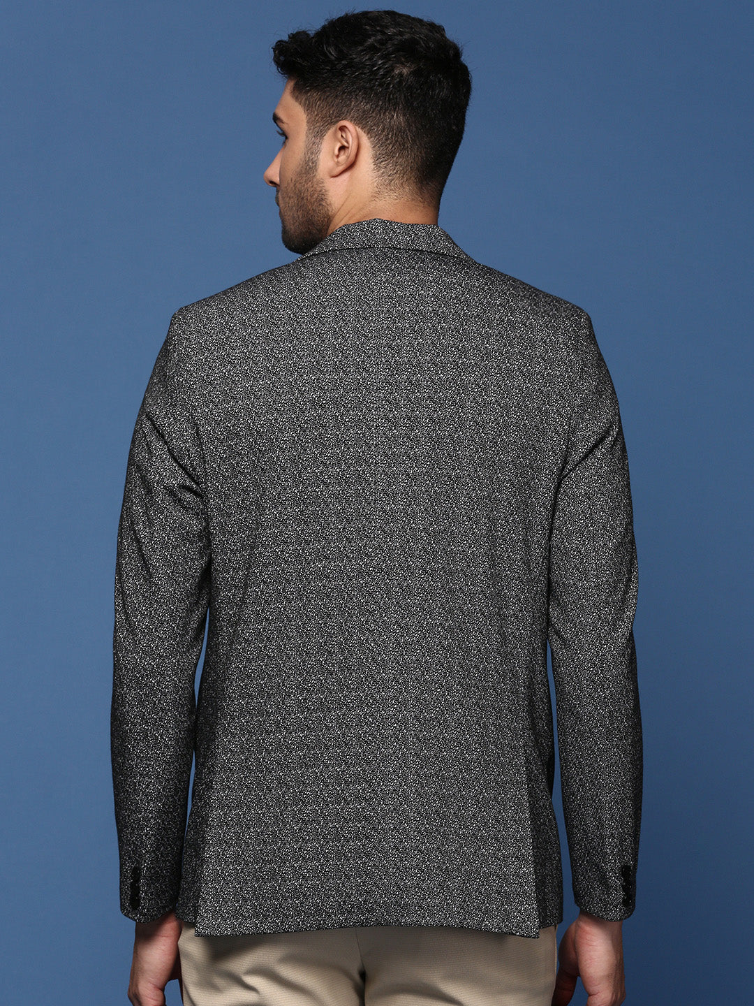 Men's Black Self Designed Slim Fit Single Breasted Blazer