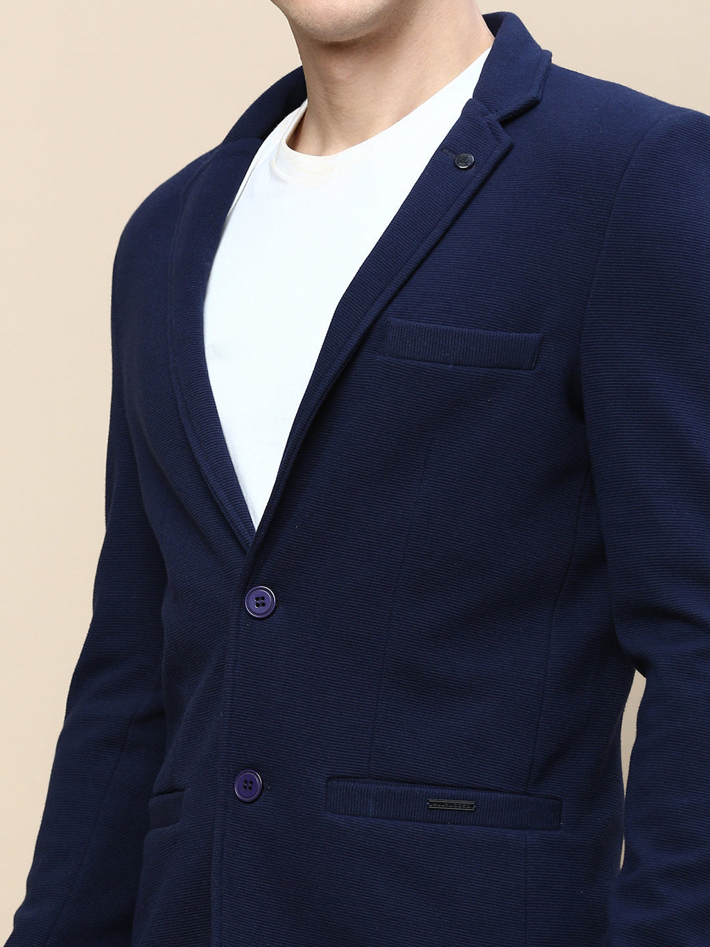 Men's Navy Blue Solid Single Breasted Blazer