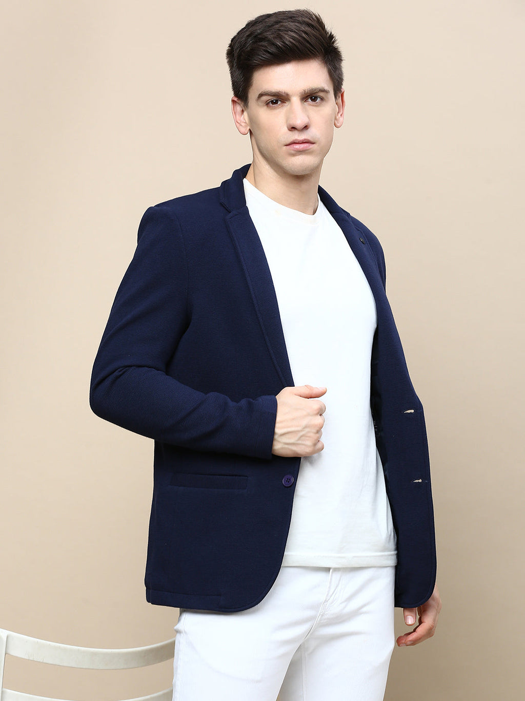 Men's Navy Blue Solid Single Breasted Blazer