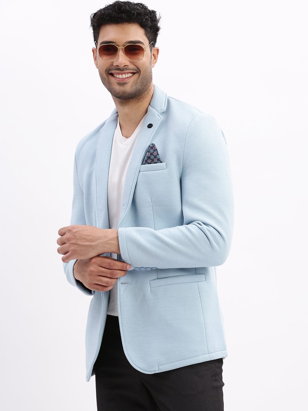 Men's Blue Notched Lapel Slim Fit Cotton Single Breasted Blazer