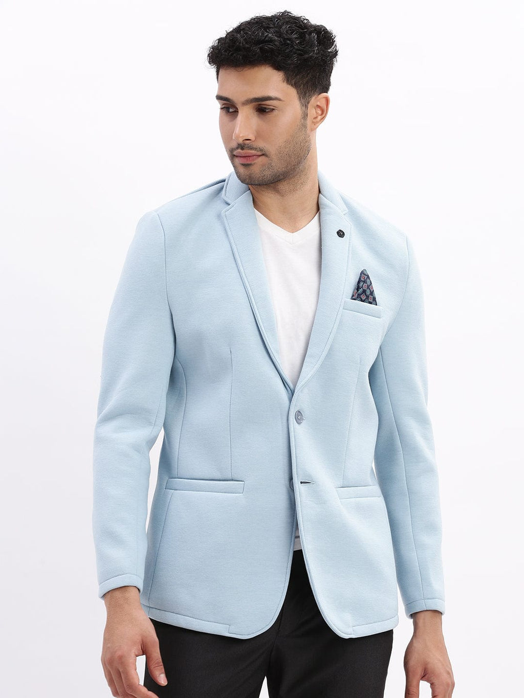 Men's Blue Notched Lapel Slim Fit Cotton Single Breasted Blazer