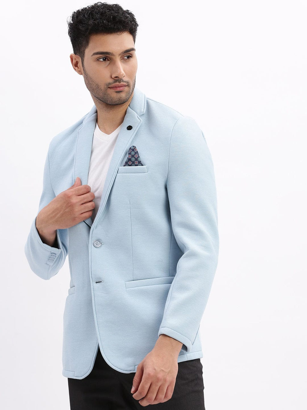 Men's Blue Notched Lapel Slim Fit Cotton Single Breasted Blazer