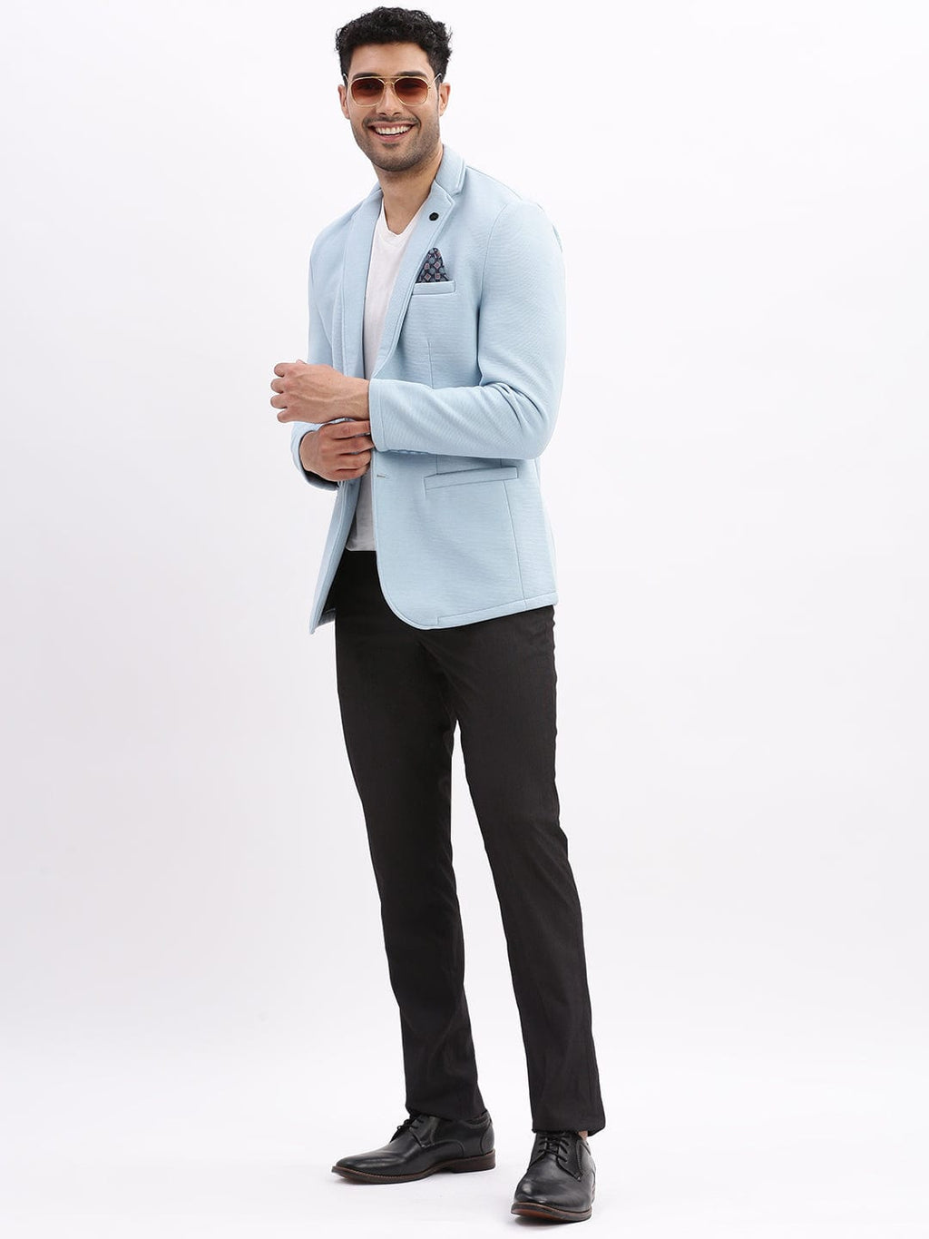 Men's Blue Notched Lapel Slim Fit Cotton Single Breasted Blazer