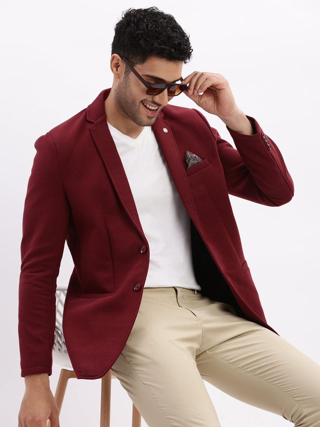 Men's Maroon Slim-Fit Single Breasted Notched Lapel Collar Cotton Casual Blazer