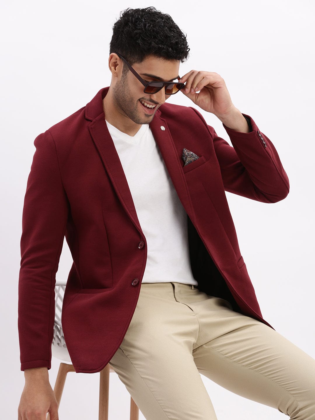 Men's Maroon Slim-Fit Single Breasted Notched Lapel Collar Cotton Casual Blazer
