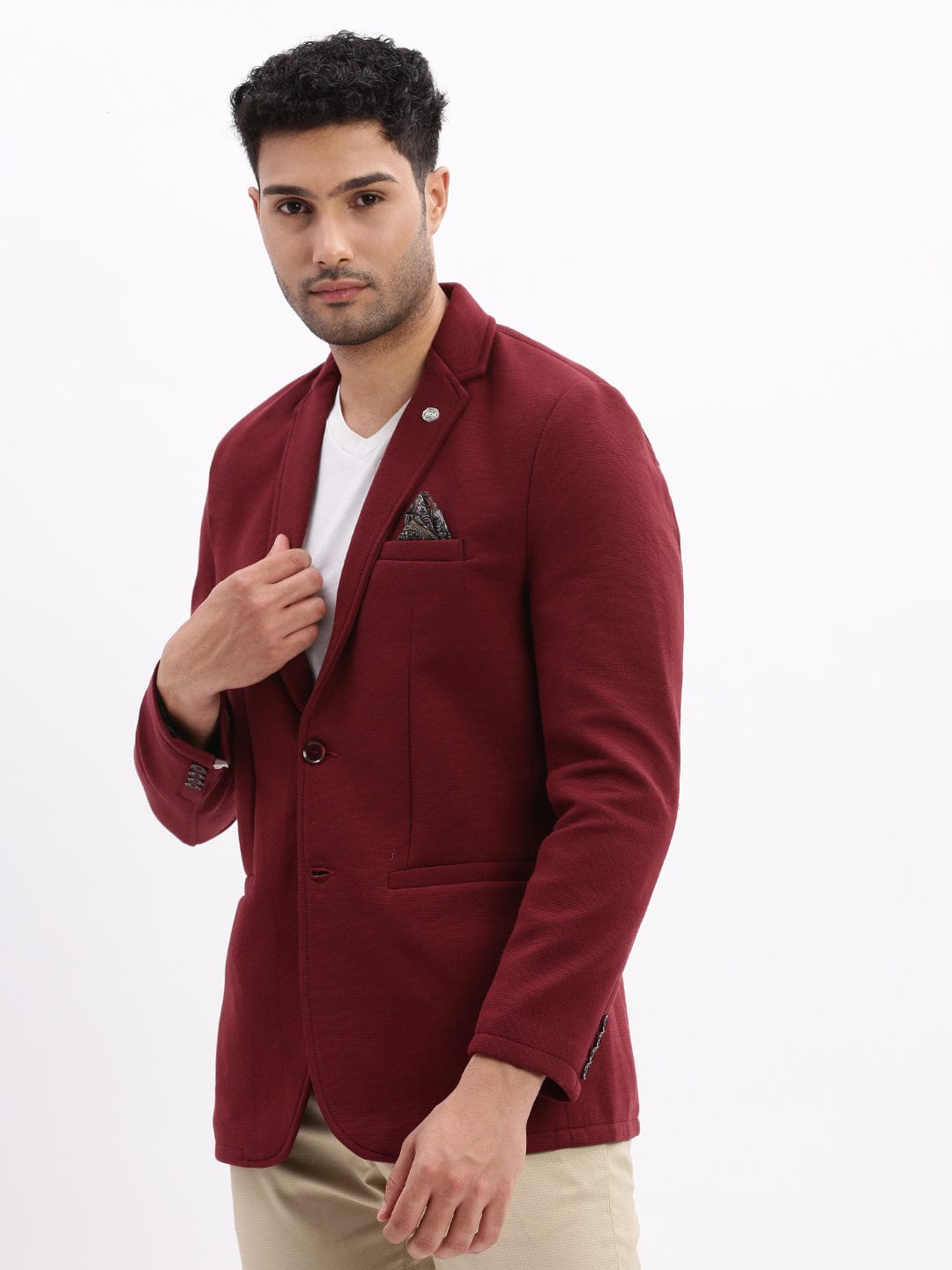 Men's Maroon Slim-Fit Single Breasted Notched Lapel Collar Cotton Casual Blazer