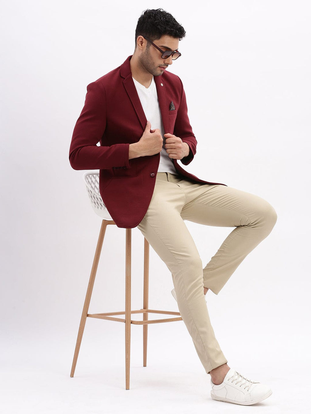 Men's Maroon Slim-Fit Single Breasted Notched Lapel Collar Cotton Casual Blazer