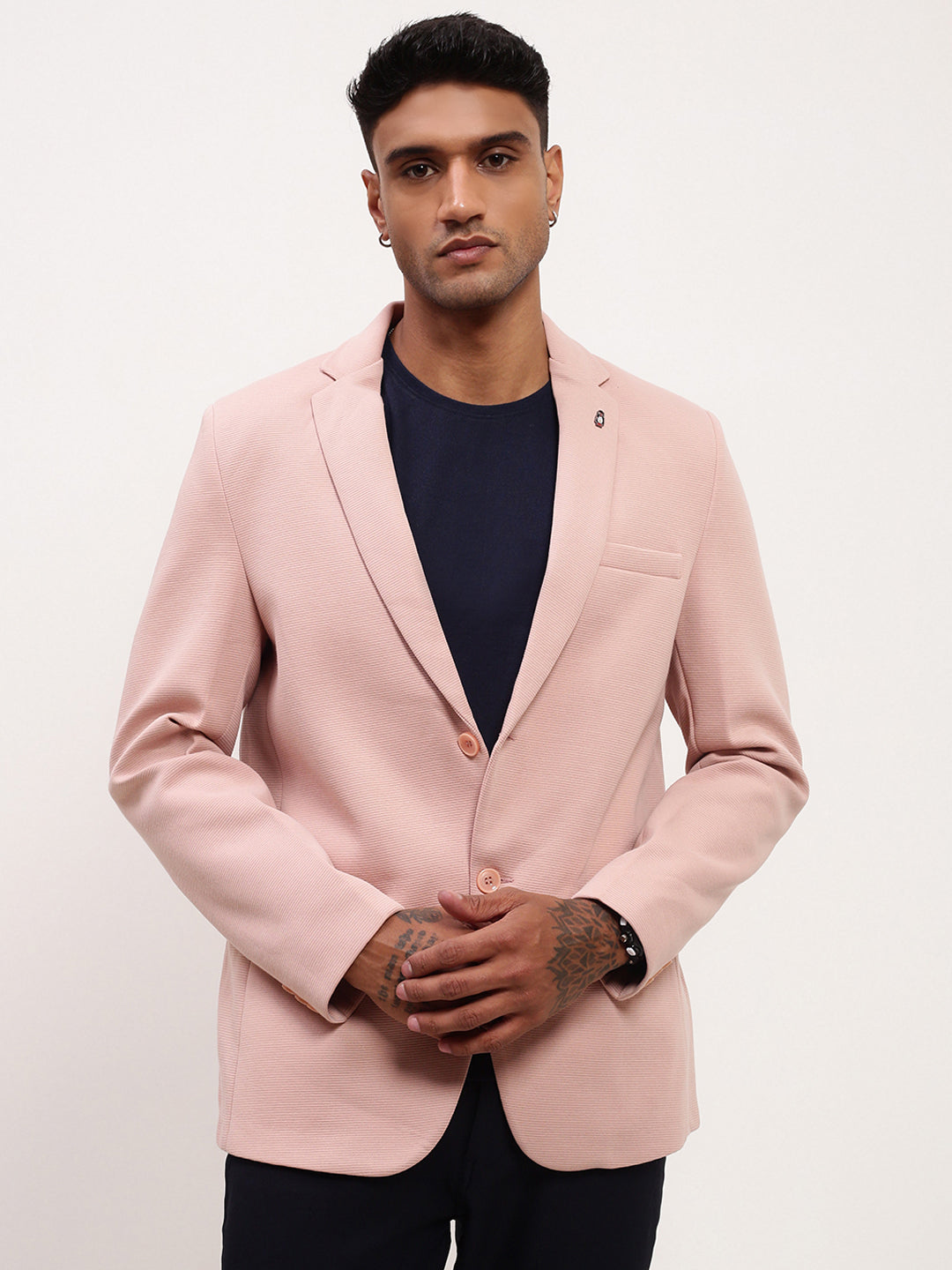Men's Pink Self Design Slim-Fit Single-Breasted Corduroy Cotton Blazer
