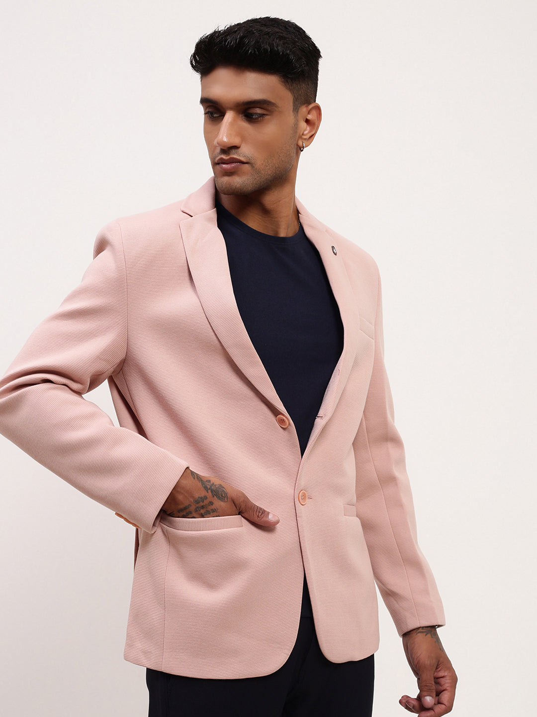 Men's Pink Self Design Slim-Fit Single-Breasted Corduroy Cotton Blazer