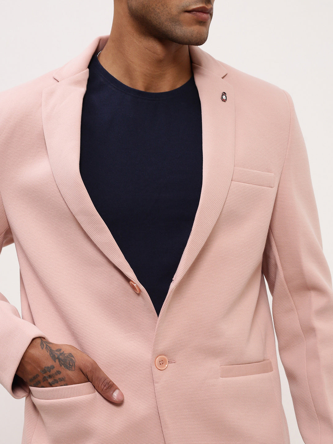 Men's Pink Self Design Slim-Fit Single-Breasted Corduroy Cotton Blazer