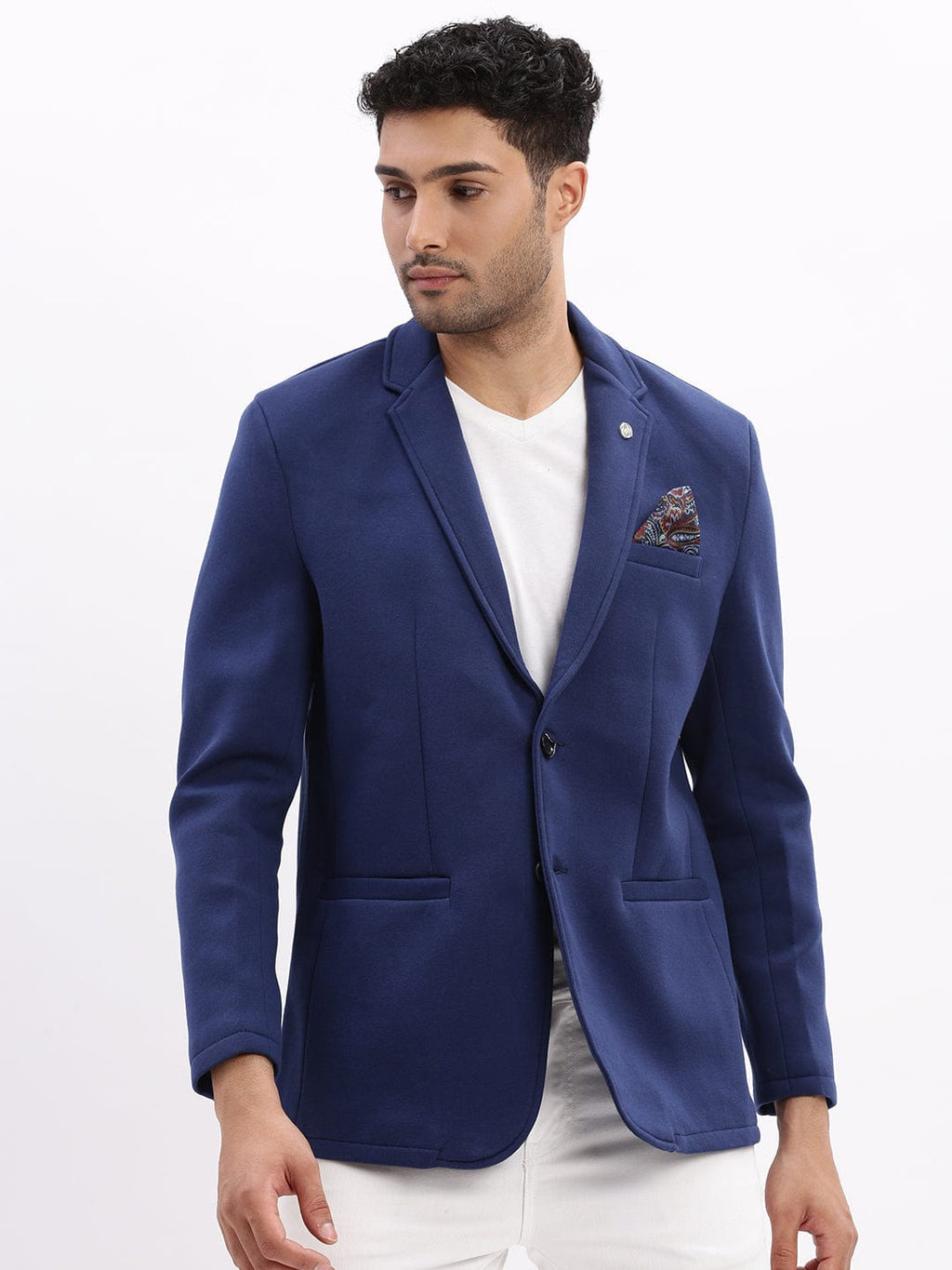 Men's Blue Slim-Fit Notched Lapel Collar Single Breasted Casual Blazer