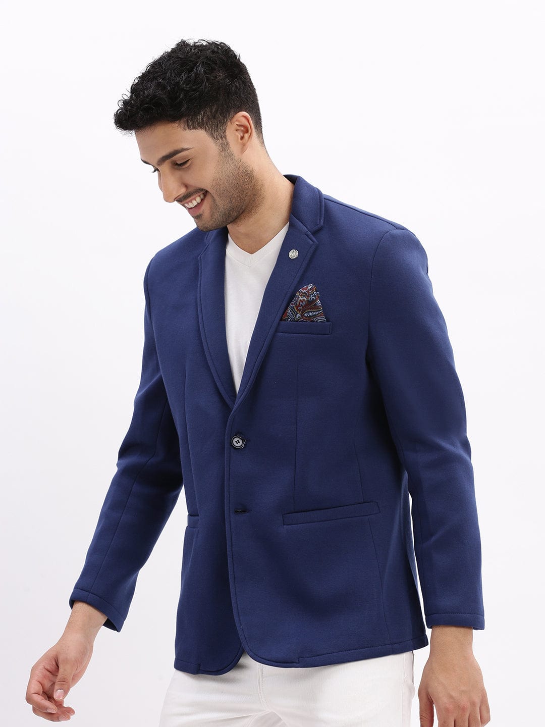 Men's Blue Slim-Fit Notched Lapel Collar Single Breasted Casual Blazer