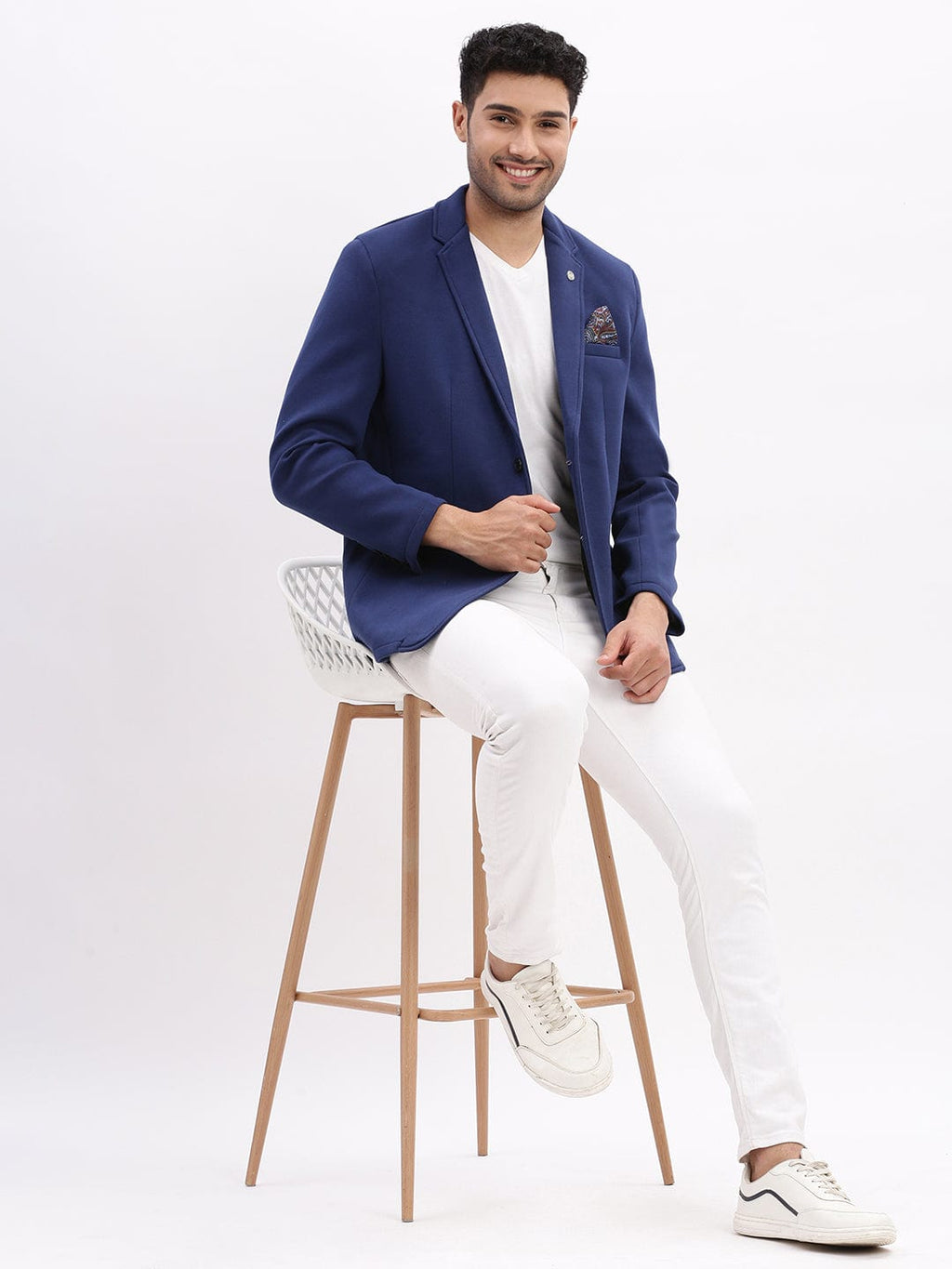 Men's Blue Slim-Fit Notched Lapel Collar Single Breasted Casual Blazer