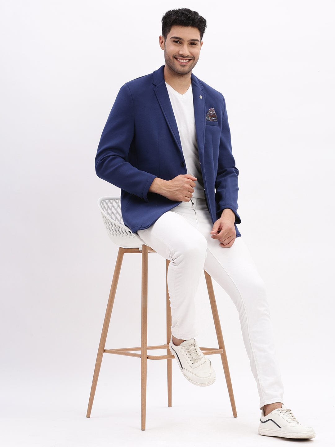 Men's Blue Slim-Fit Notched Lapel Collar Single Breasted Casual Blazer