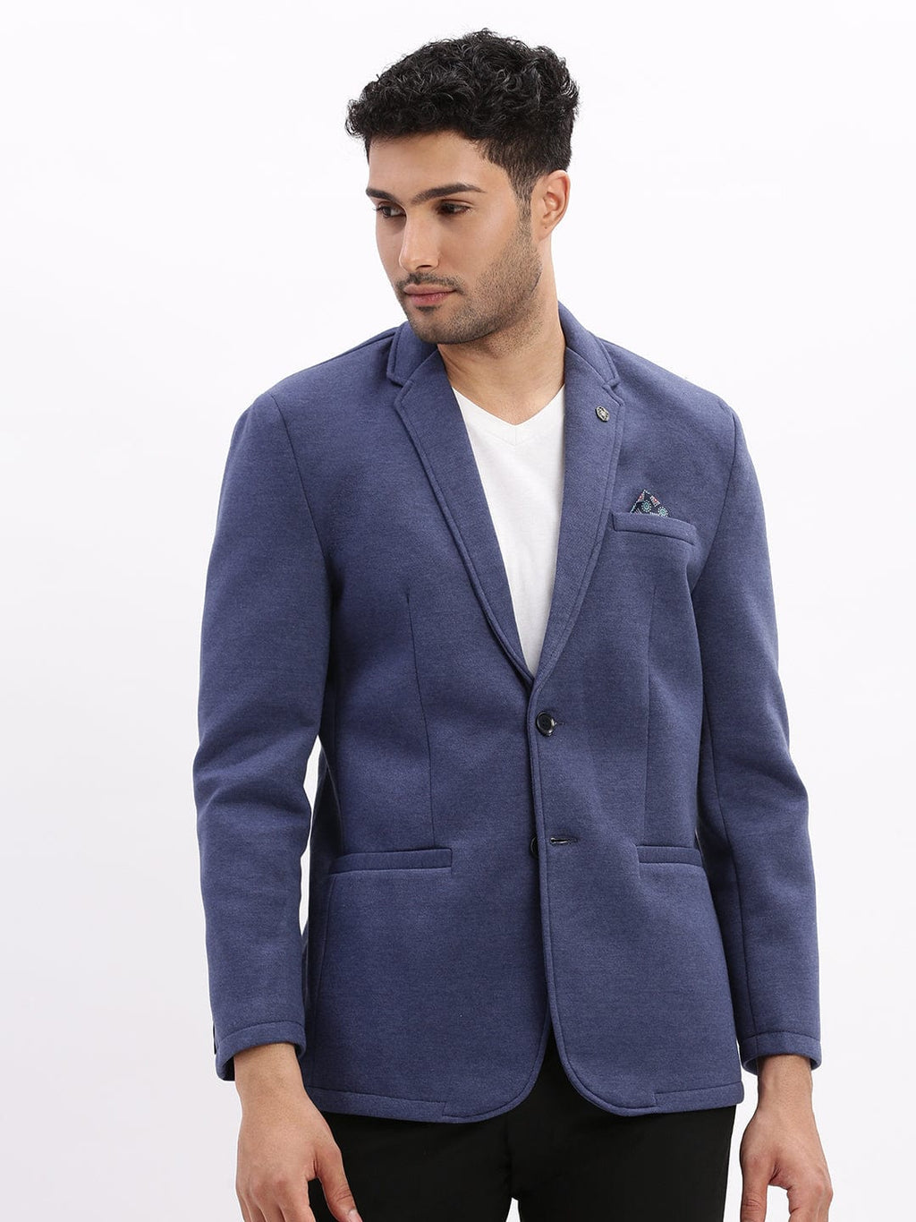Men's Blue Notched Lapel Slim Fit Cotton Single Breasted Blazer