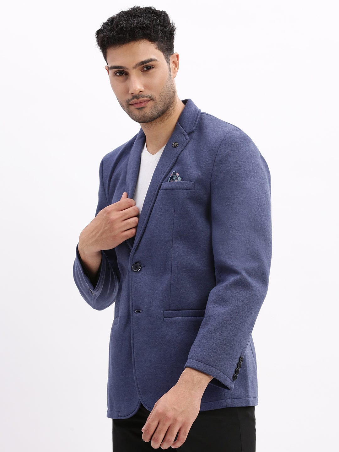 Men's Blue Notched Lapel Slim Fit Cotton Single Breasted Blazer