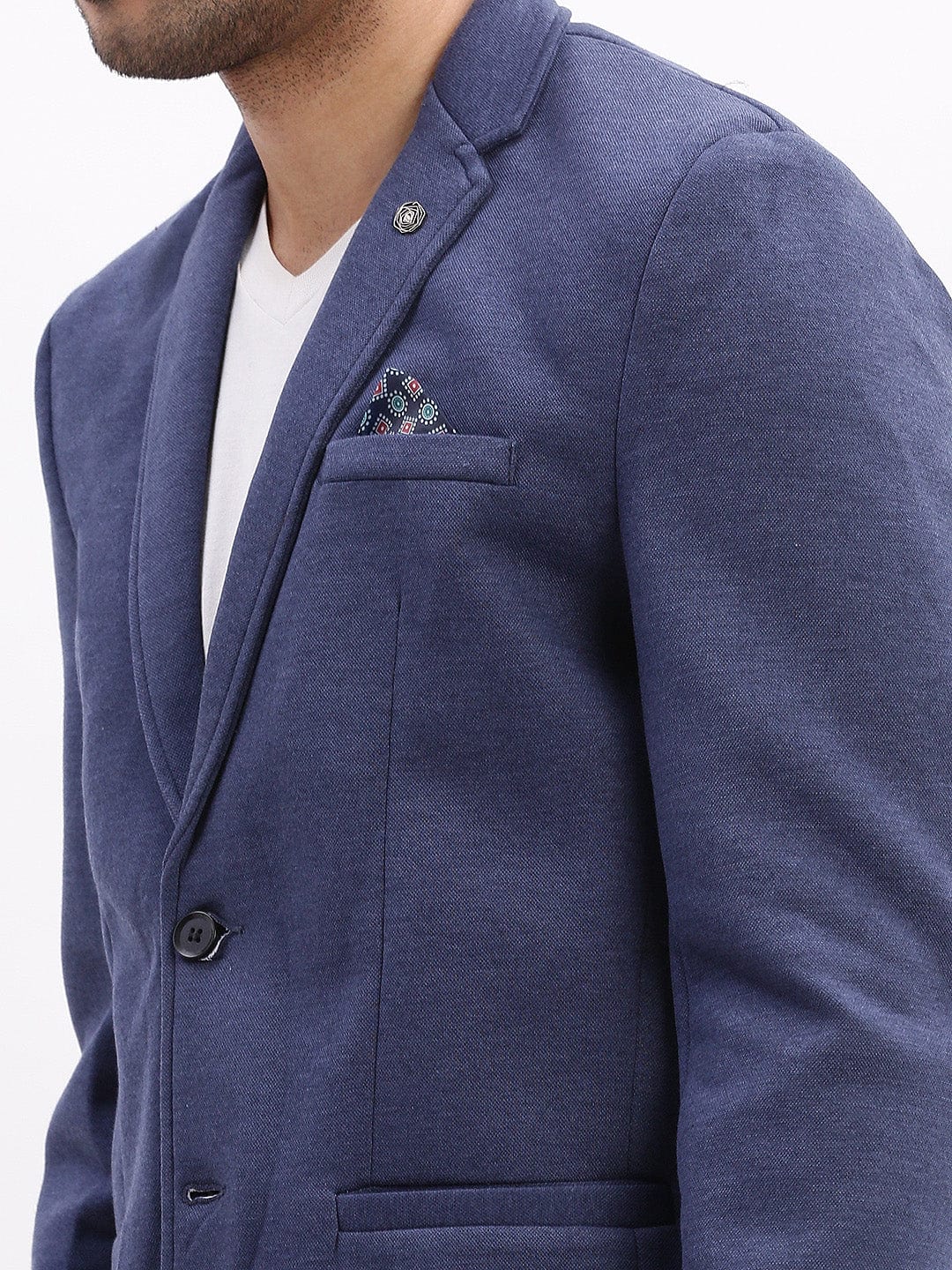 Men's Blue Notched Lapel Slim Fit Cotton Single Breasted Blazer