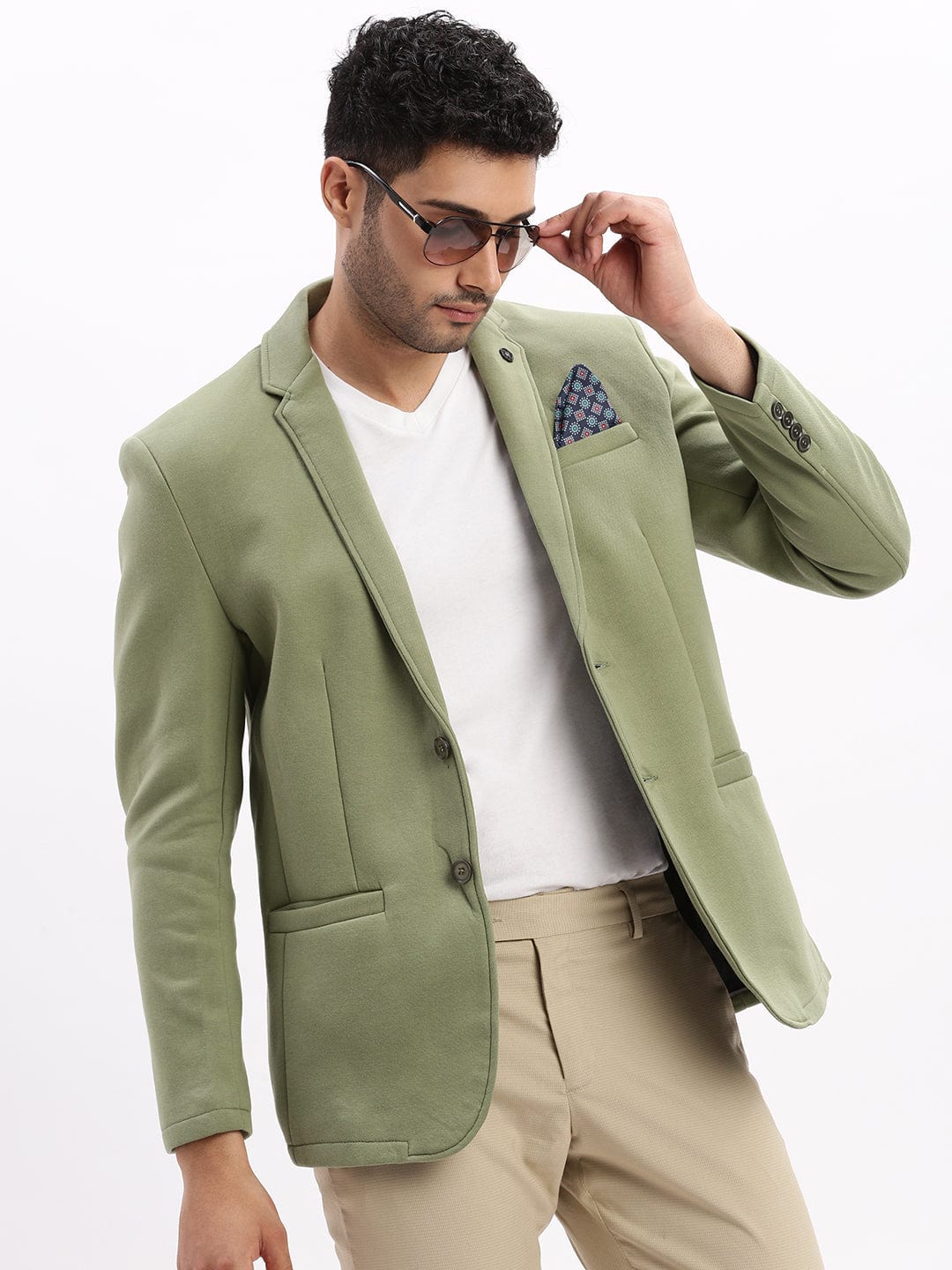 Men's Solid Green Single Breasted Blazer