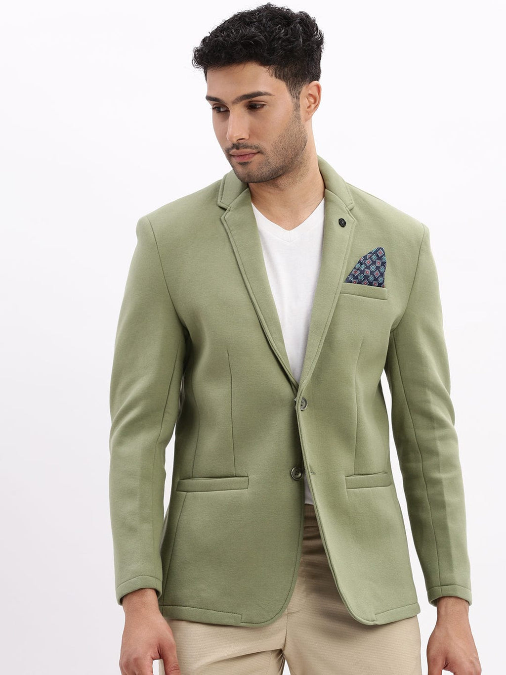 Men's Solid Green Single Breasted Blazer