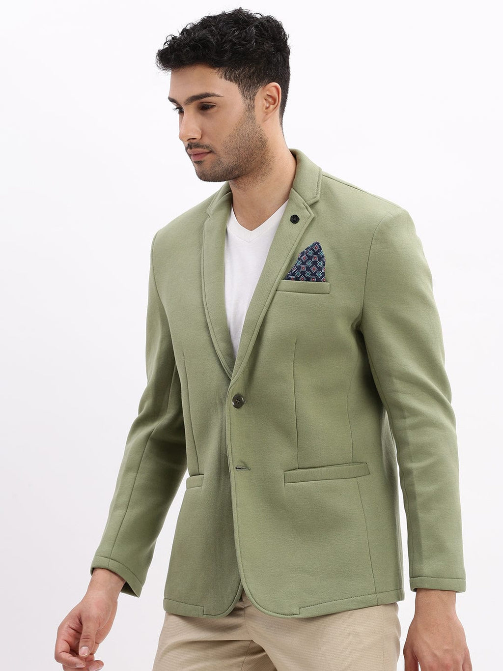 Men's Solid Green Single Breasted Blazer