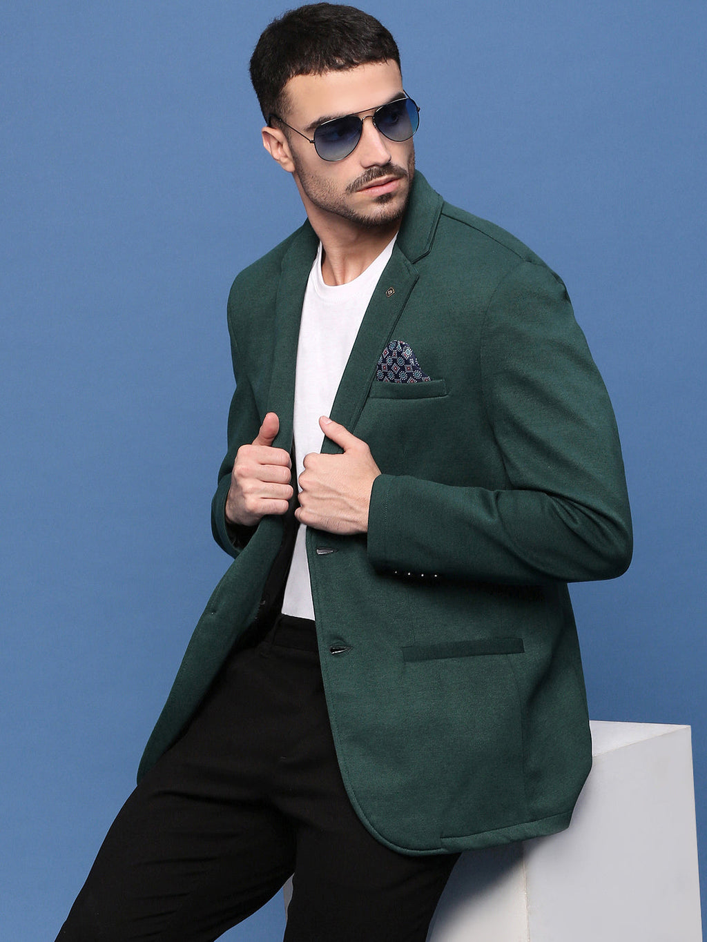 Men's Green Slim Fit Single Breasted Notched Lapel Cotton Blazers