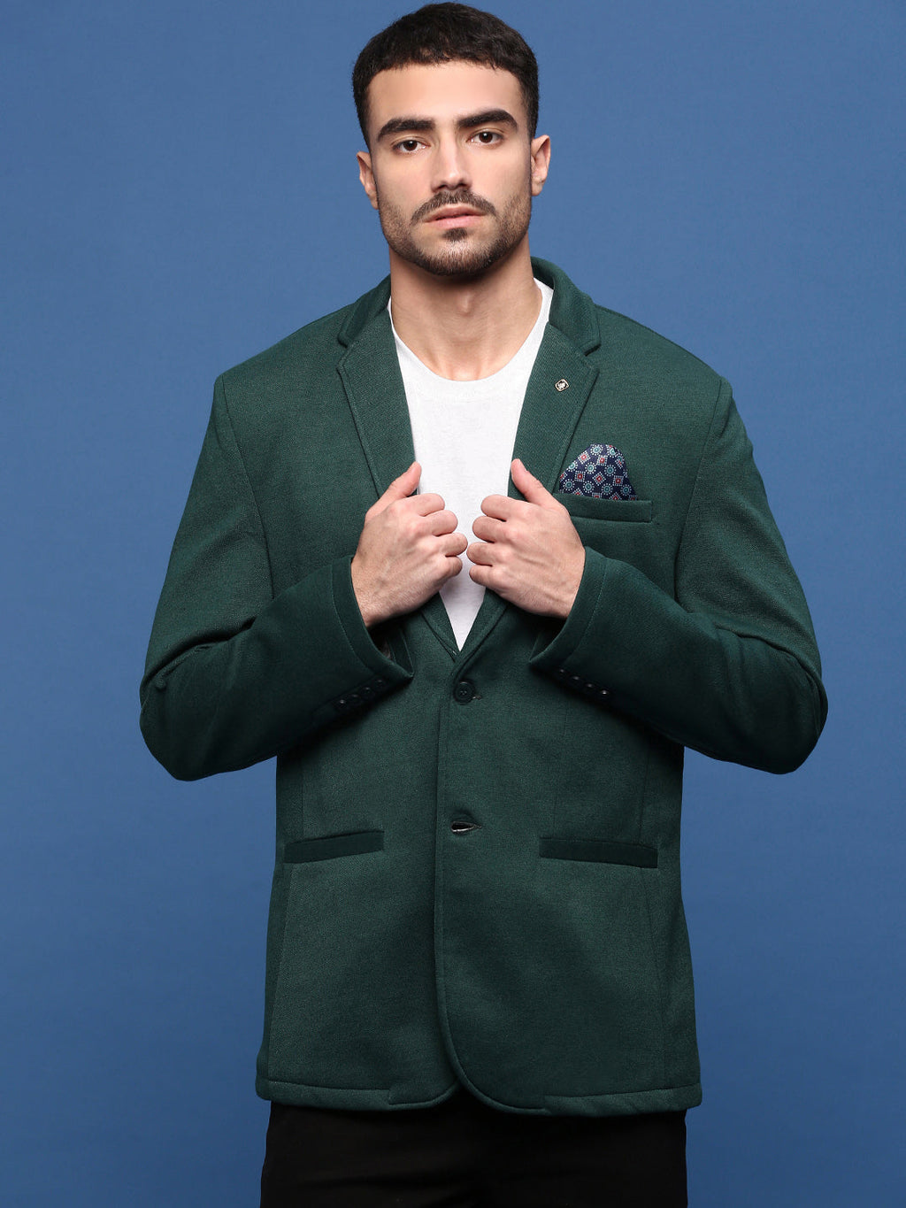 Men's Green Slim Fit Single Breasted Notched Lapel Cotton Blazers